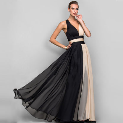 V-neck backless color dress skirt long dress