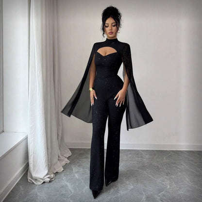 Women's Crew-neck Ribbed Chiffon Cape-style Bodycon Jumpsuit