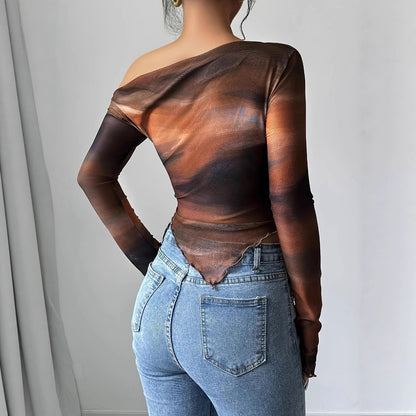 New Stylish Tie-dye Printed Asymmetrical Long-sleeve Top