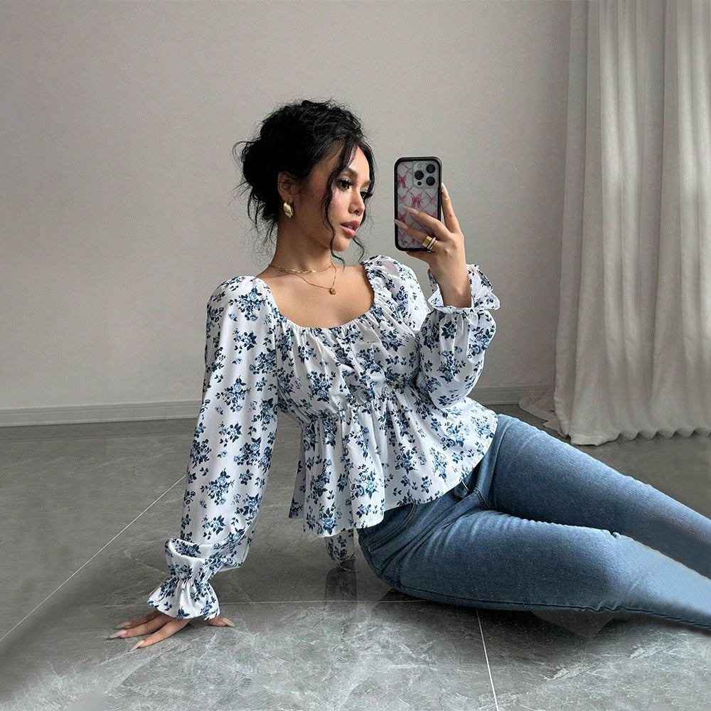 Autumn And Winter Square Neckline Puff Sleeve Popular Floral Long Sleeve Top
