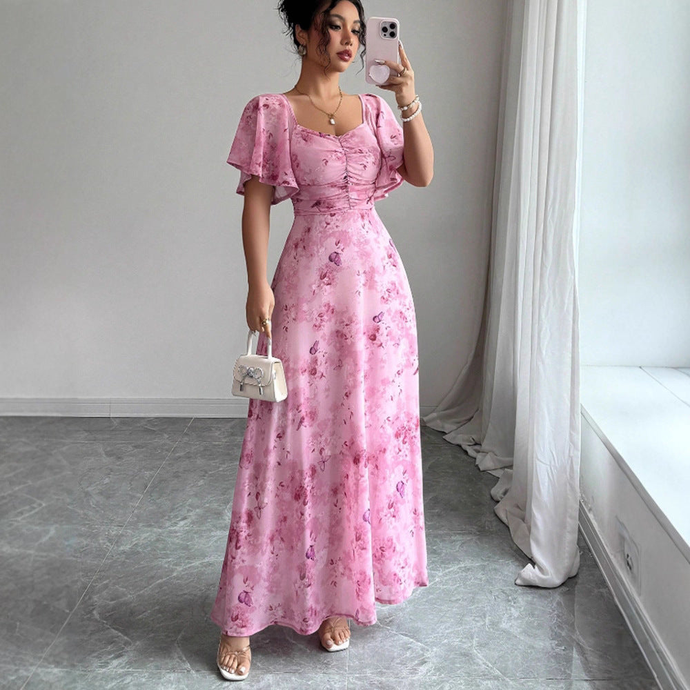 Lotus Sleeve Printed Slim Elegant Dress