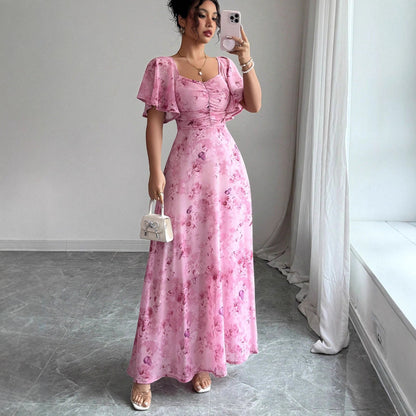 Lotus Sleeve Printed Slim Elegant Dress