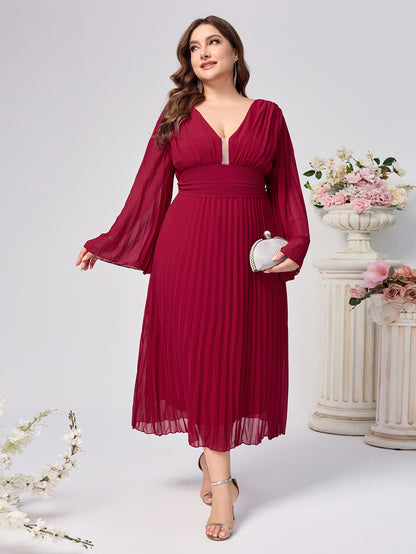 Plus Size Dress Women's V-neck Long Sleeve