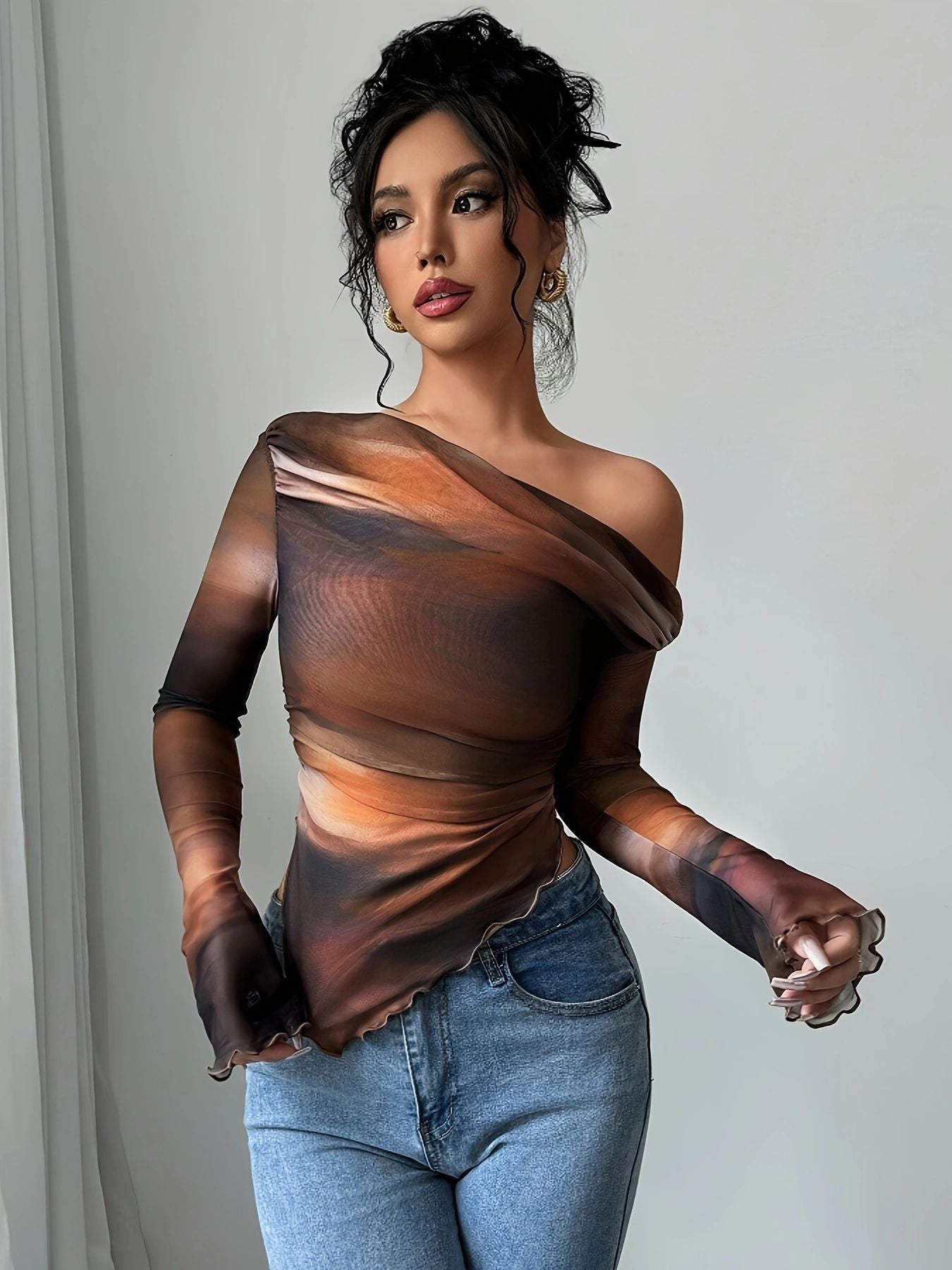 New Stylish Tie-dye Printed Asymmetrical Long-sleeve Top