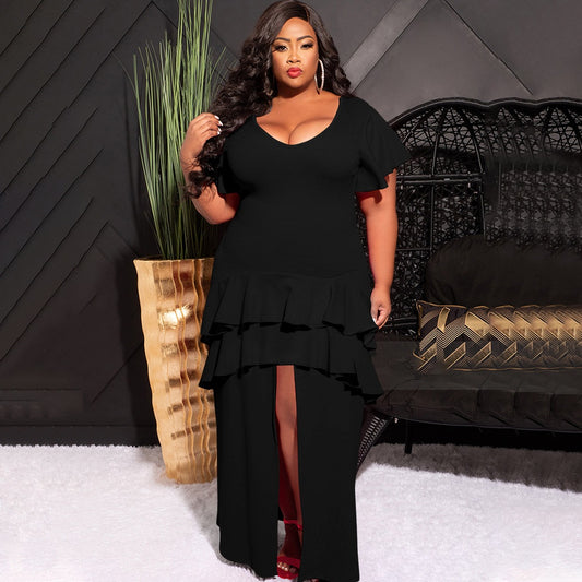 Solid-color Layered Dress With A High Slit On The Front And Ruffled Hem