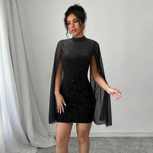 Stylish High-neck Dress Black Featuring Sparkling Rhinestones