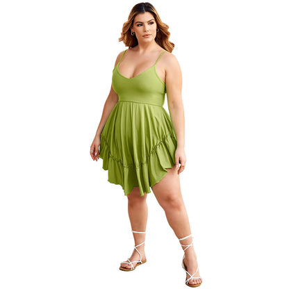Casual V-neck Waist-cinching Knitted Slip Dress In Plus Sizes