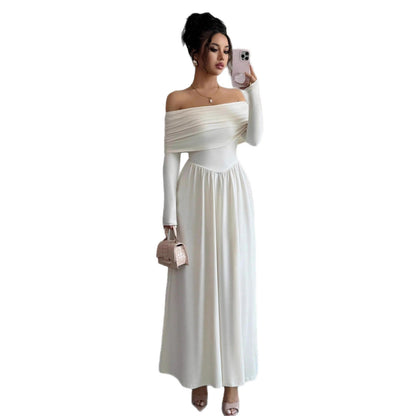 Women's Solid-Color French-Style Off-the-Shoulder Knitted Dress