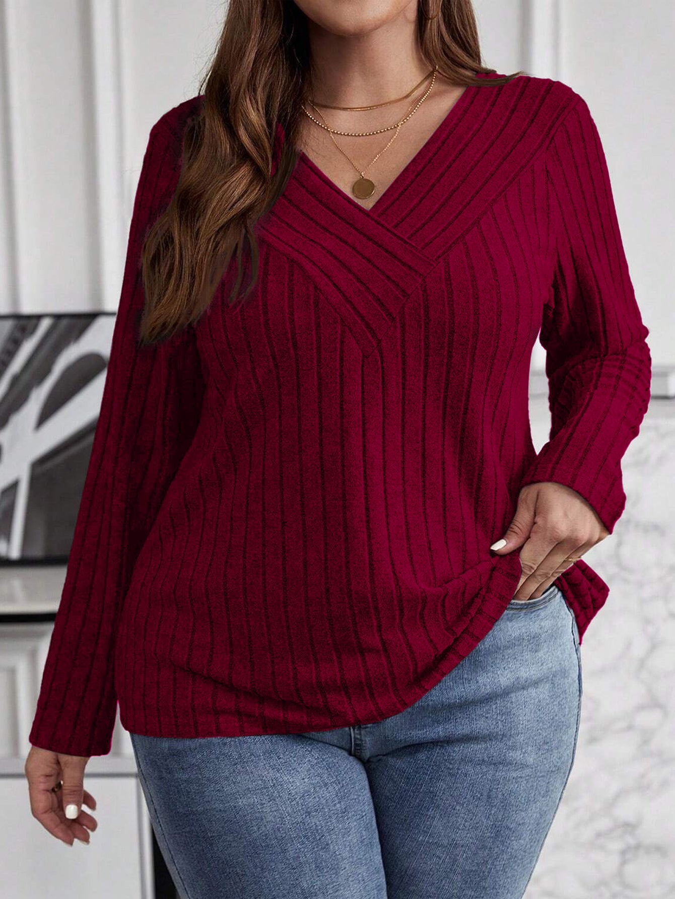 Autumn And Winter Solid Color Plus-size Cross V-neck Long-sleeve Ribbed Brushed Pullover T-shirt Top