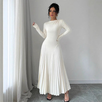 Long Sleeve Knitted Long Skirt Pleated Dress Elegant