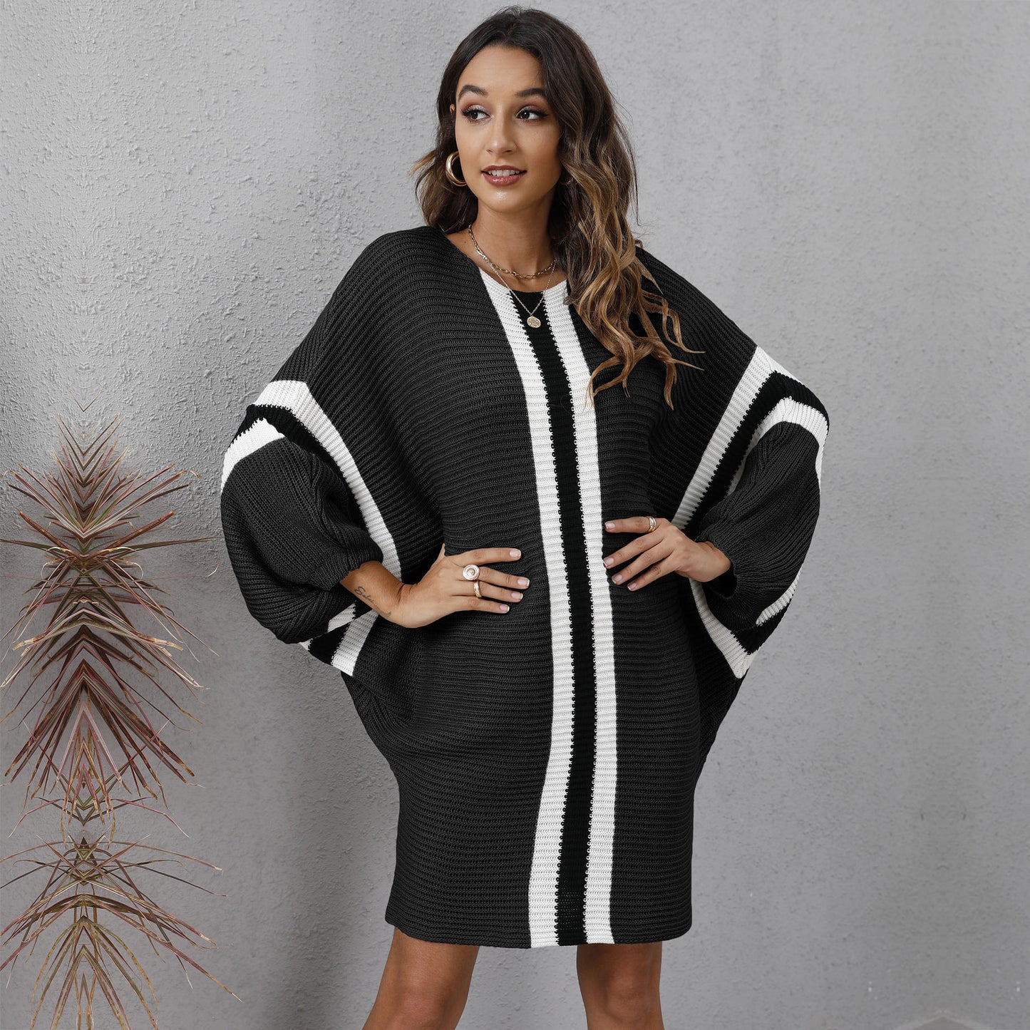 Knit Sweater Loose Bat Sleeve Contrast Color Stitching Dress