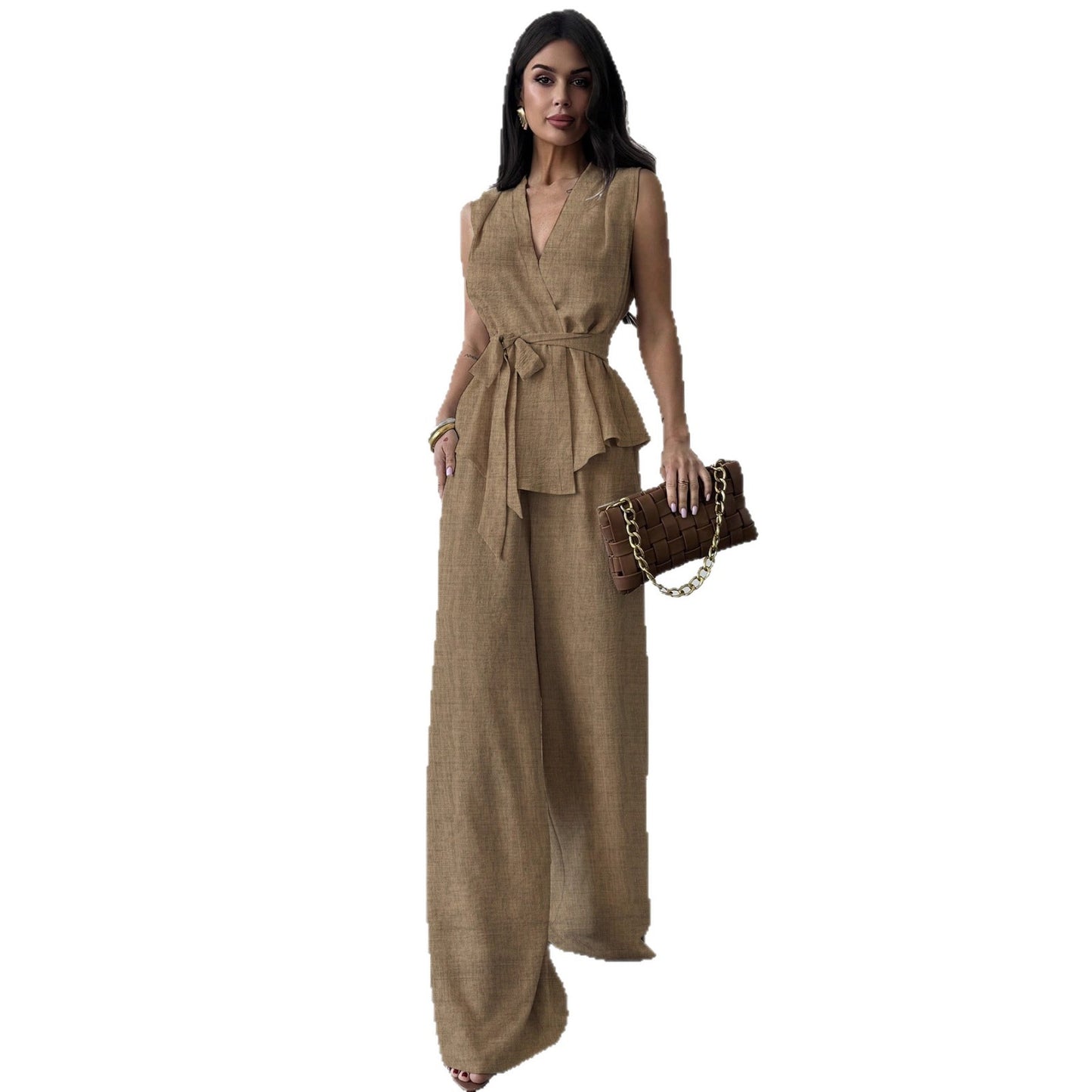 Lace-up V-neck Vest Top And Pants Two-piece Set