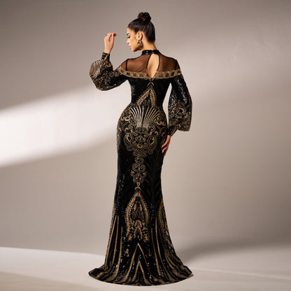 Long Sleeve Round Neck Sequins Mesh Fishtail Evening Dress