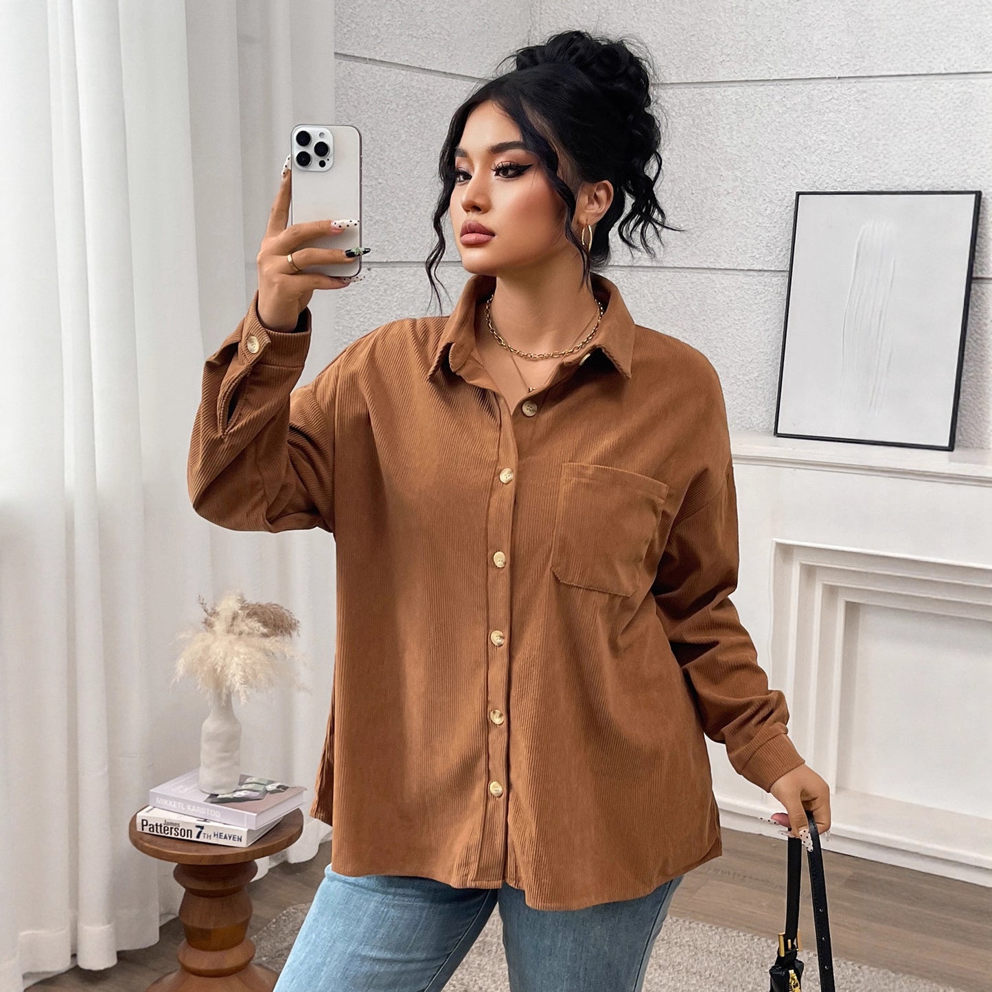 Women's Shirt Solid Color Lapel Corduroy Casual