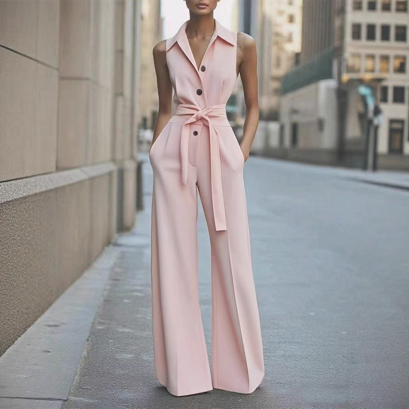 Fashionable Solid-color Wide-leg Jumpsuit With A Shirt Collar