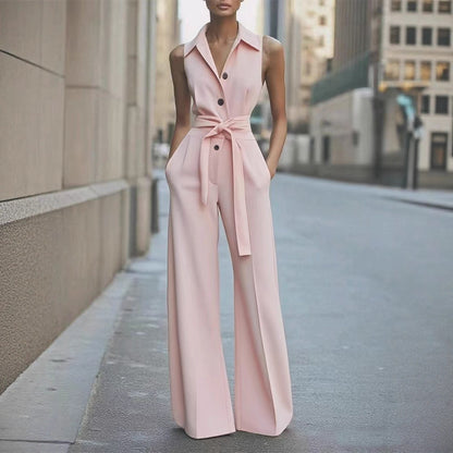 Fashionable Solid-color Wide-leg Jumpsuit With A Shirt Collar