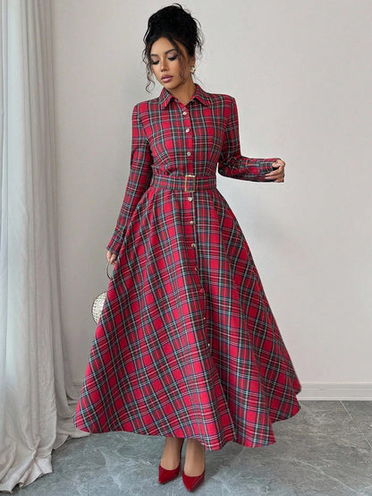 Elegant Romantic Woven Plaid Long Sleeve Dress