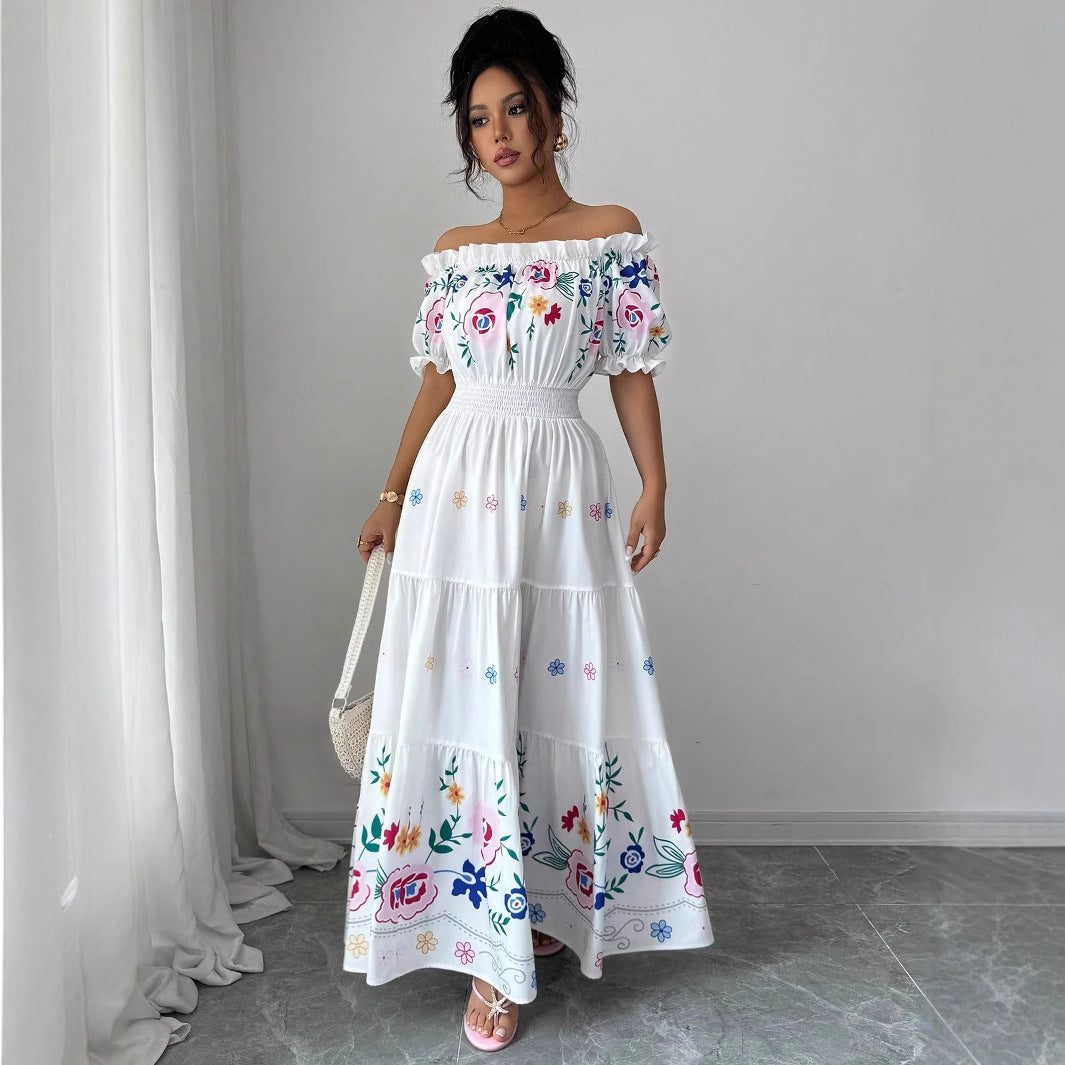 One-shoulder Puff Sleeve Floral Print Waist-tapered Trumpet Skirt