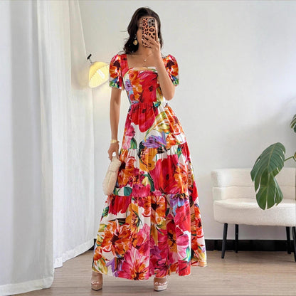 Retro Print Patchwork Long Fashion Festival Date Dress