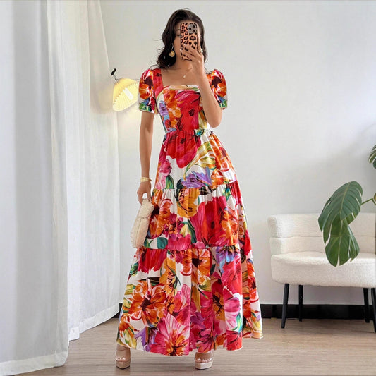 Retro Print Patchwork Long Fashion Festival Date Dress