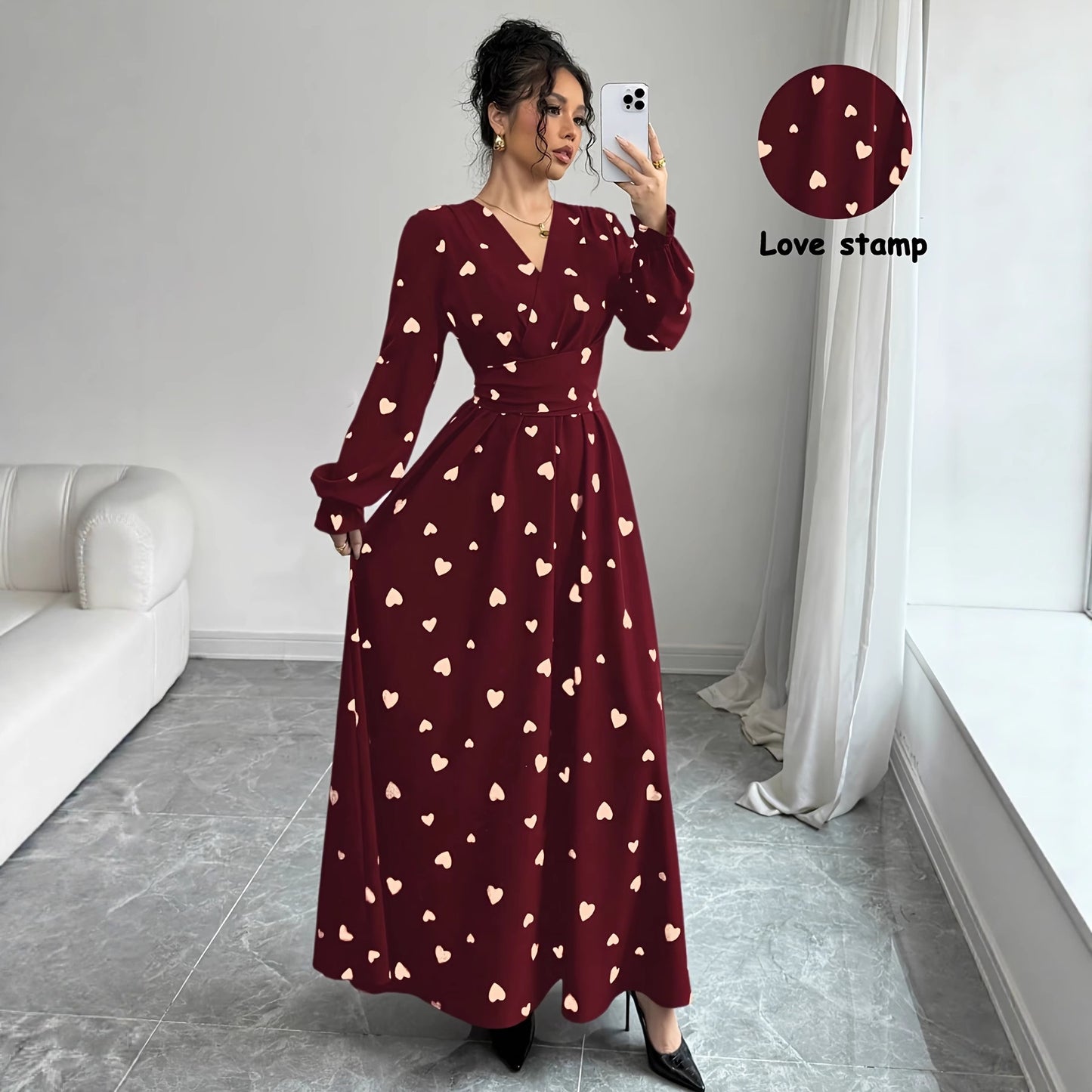 Women's Printed V-Neck Long Sleeve Waist Tie Dress