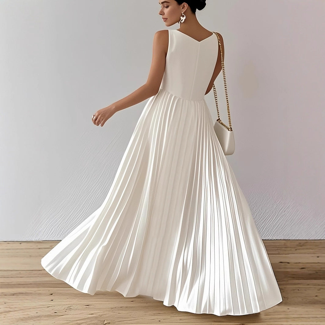 European And American-style Elegant Pleated Waist-cinching Maxi Dress