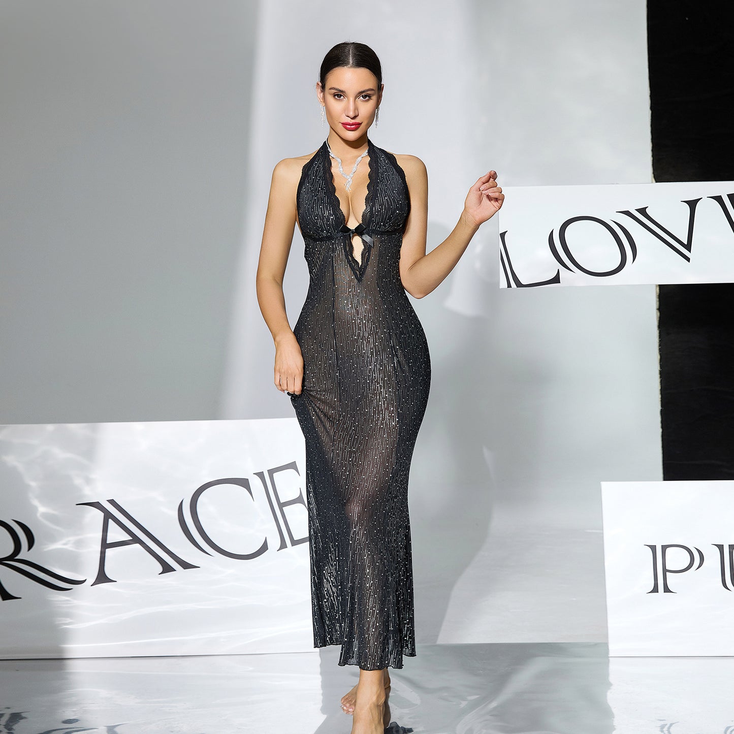 Black Sequin-embellished Sheer Halter-neck Deep-V Backless Bodycon Sexy Dress