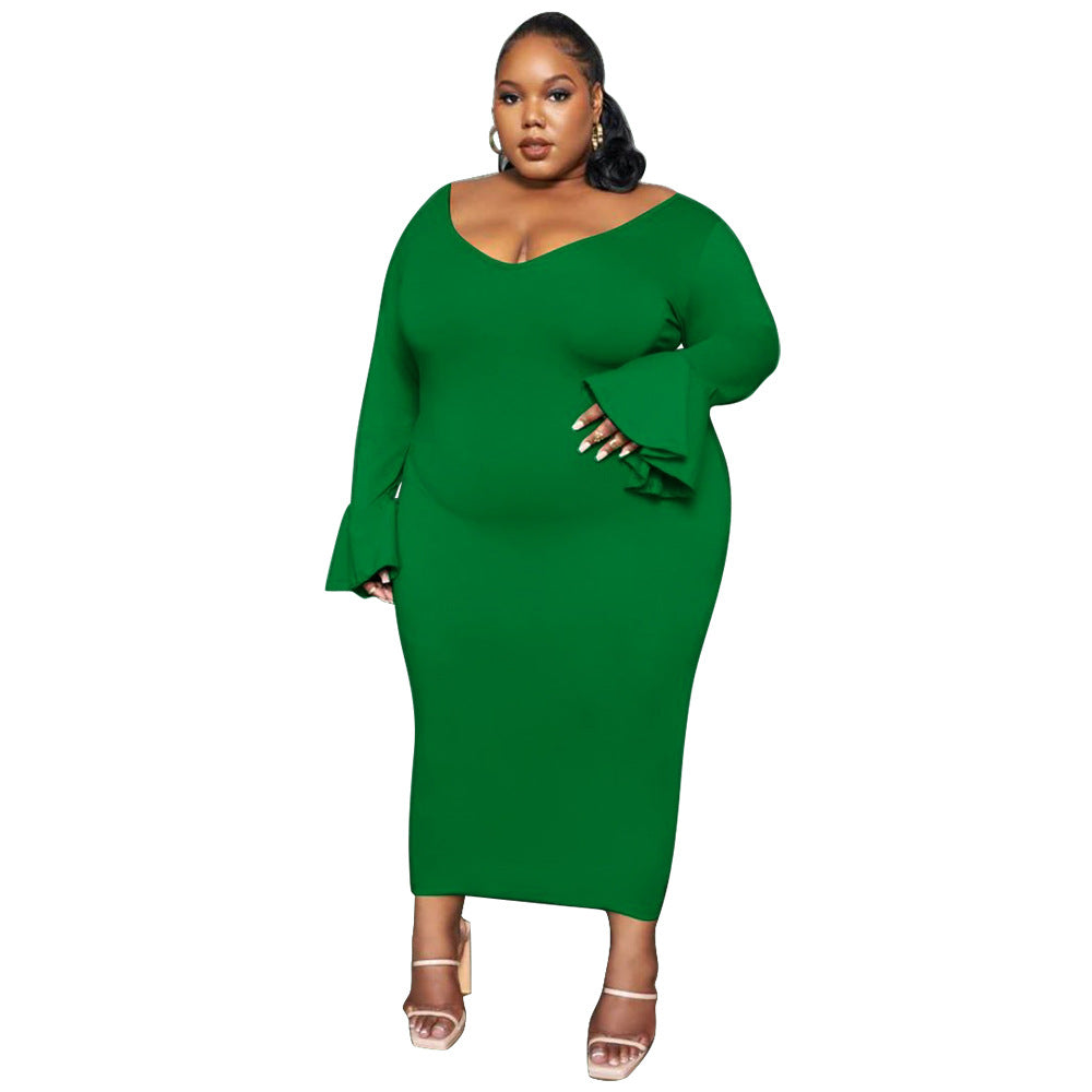 Fashionable And Sexy Plus-Size Women's Solid-Color Elegant V-Neck Maxi Dress