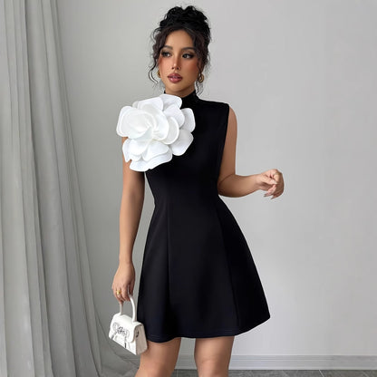 3D Floral A-line Mini Dress With A Cinched Waist And Sleeveless Design