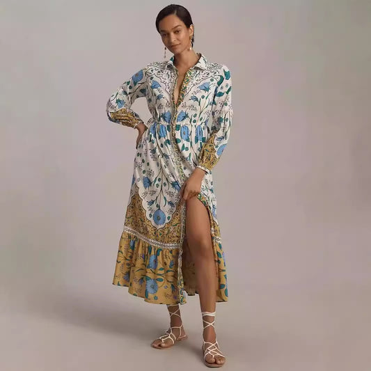 Floral Print Long-sleeved Shirt Dress