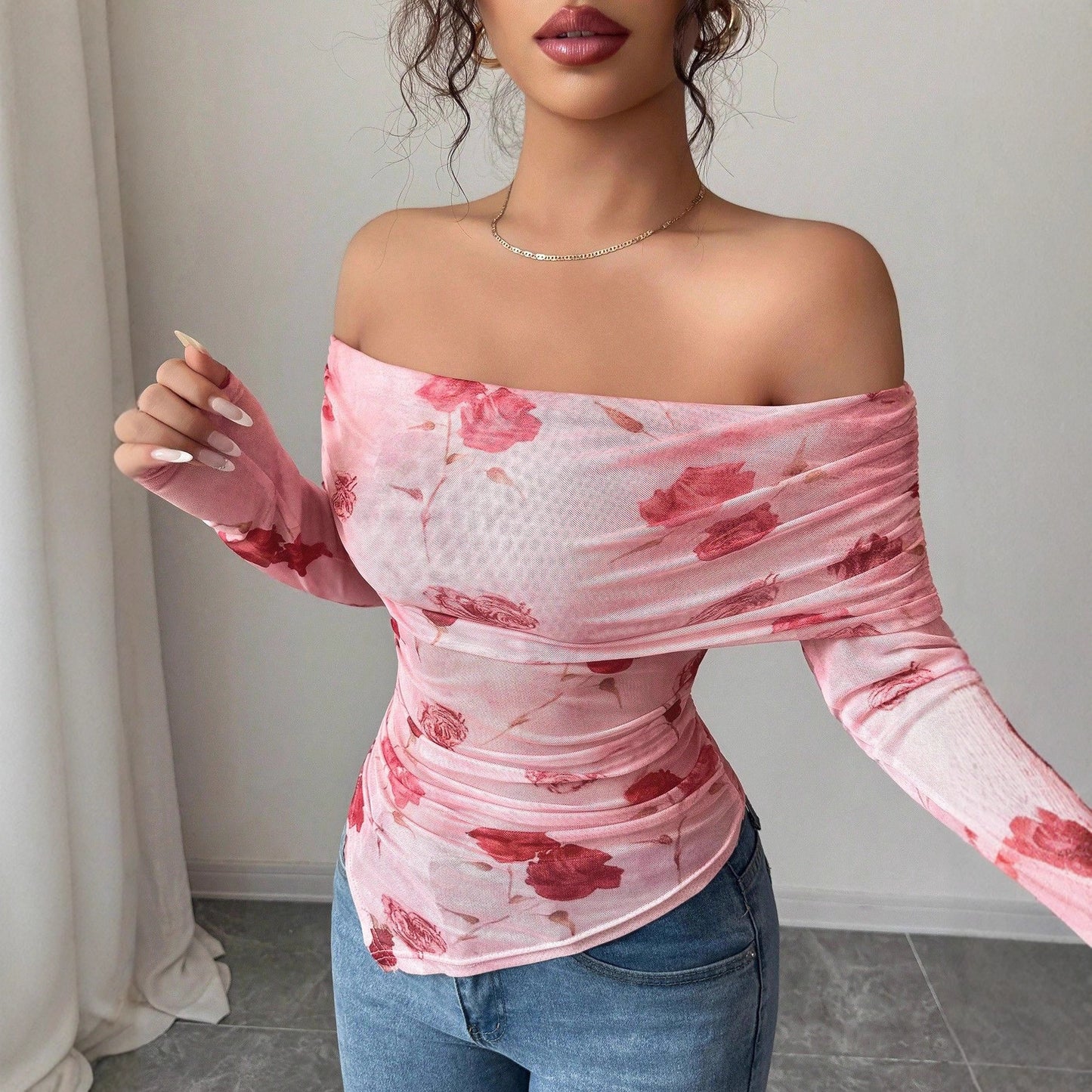 One-shoulder Slim Fit Slimming Ruffled Hem Irregular Versatile Printed Top