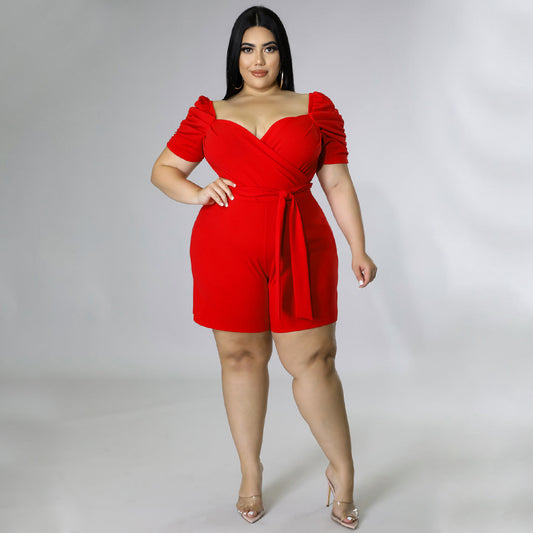 Women's Casual Fashionable And Sexy Solid-Colored Belted Jumpsuit In Plus Sizes