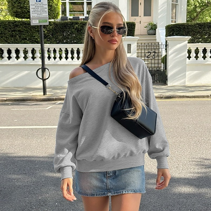 Fashion Casual Loose Waist Diagonal Collar Long Sleeve Sweater