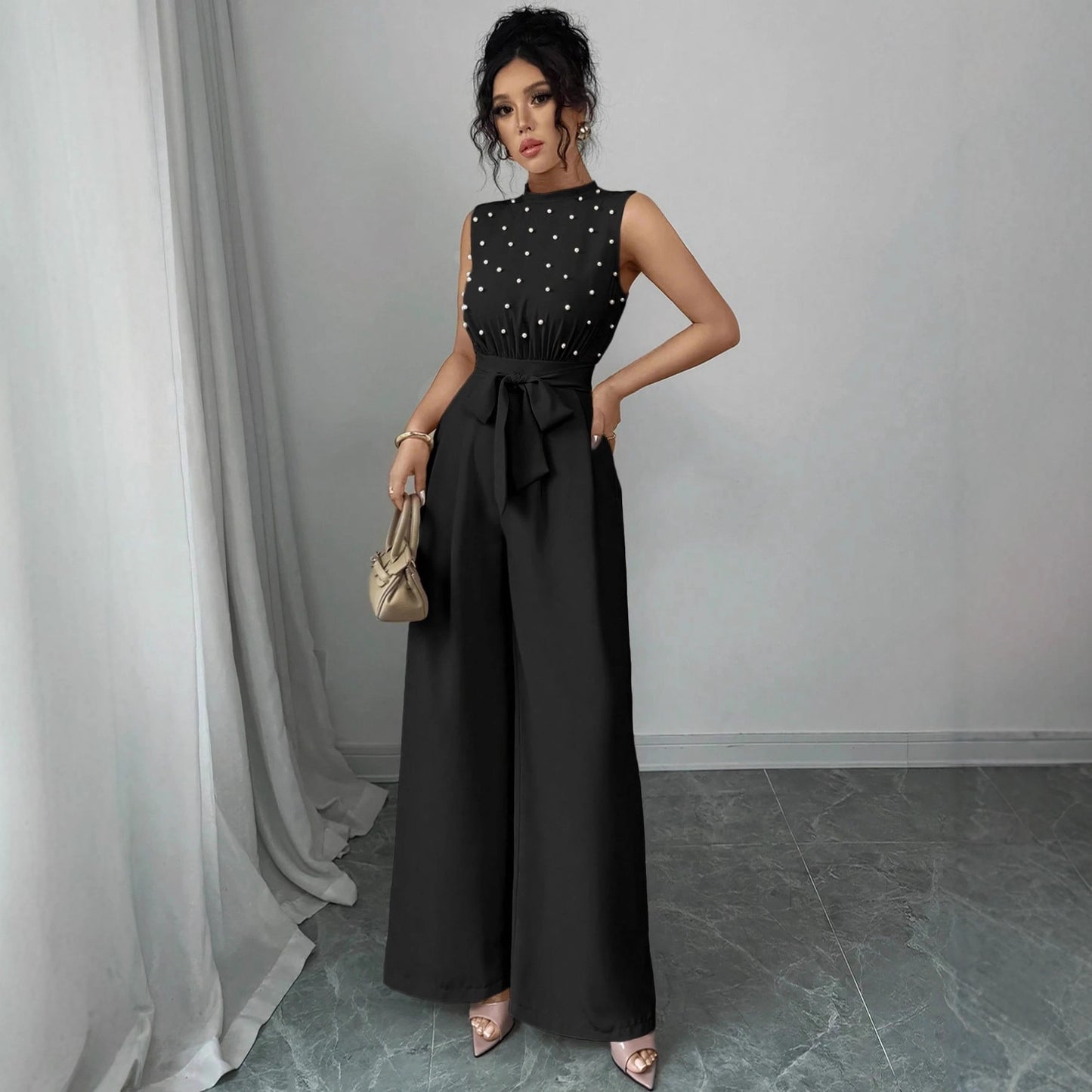 Black Polka Dot Sleeveless Wide-leg Jumpsuit With Round Neck