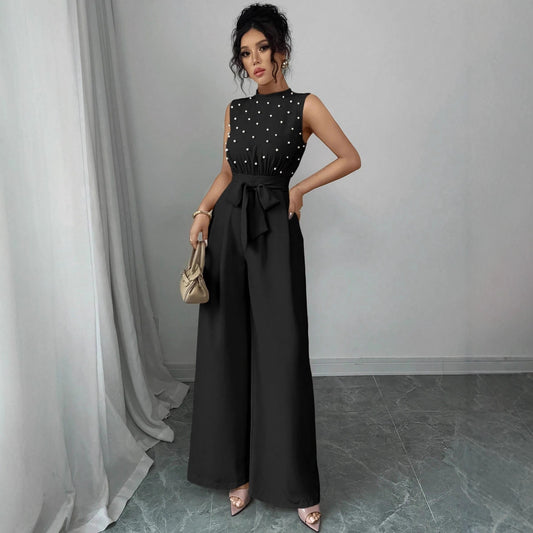 Black Polka Dot Sleeveless Wide-leg Jumpsuit With Round Neck