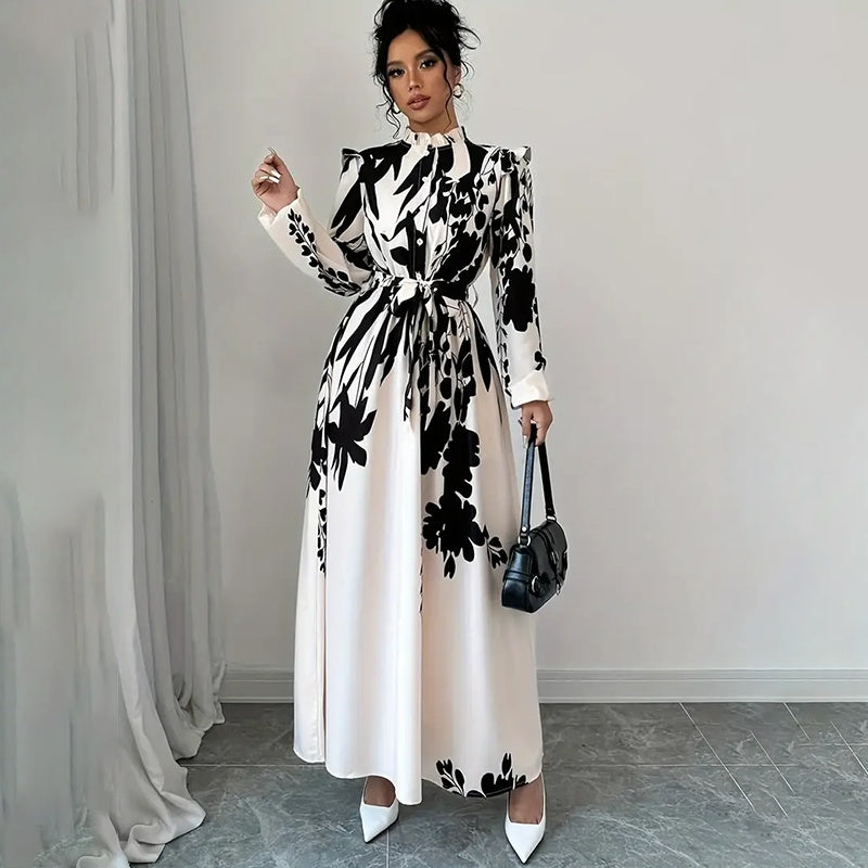 Women's Floral Print Long Sleeve Maxi Dress - Stand Collar A-Line Dress With Waist Detail, Lantern Sleeves & Ruffle Hem For Spring&Fall