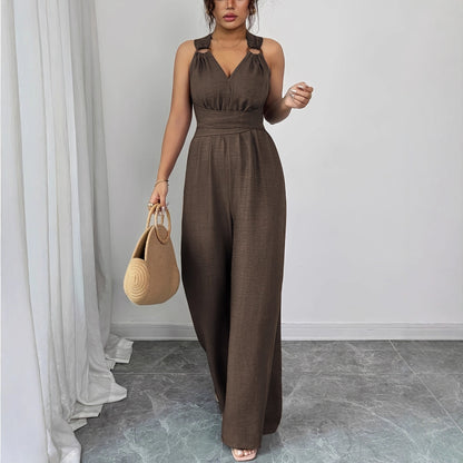 V-neck Backless Crossover-waistband Wide-leg Jumpsuit