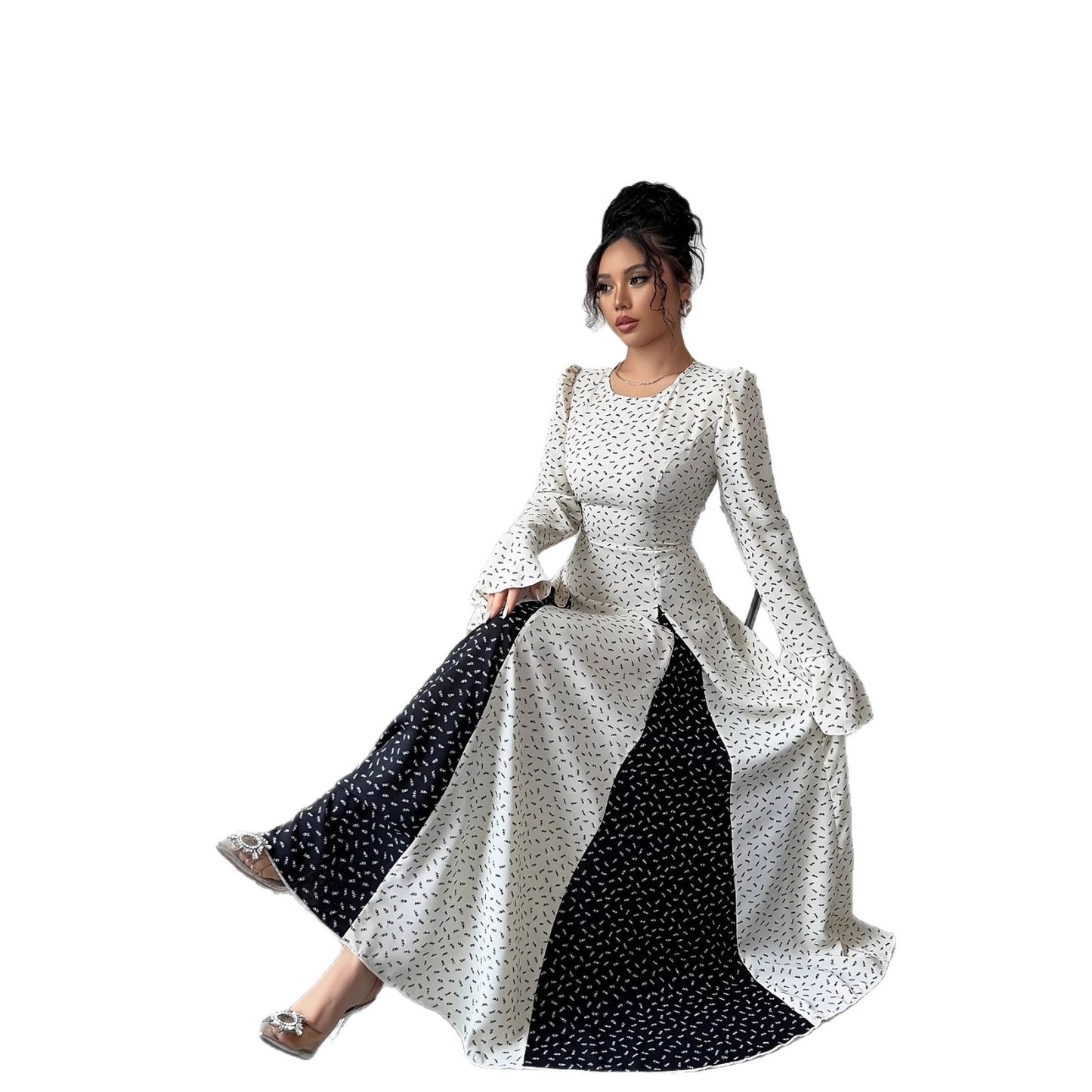 Black And White Patchwork Print Slim-waist Flared Sleeve Long Dress