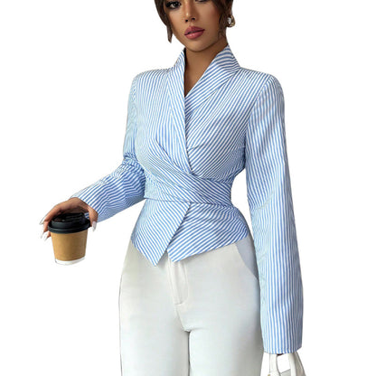 Striped Long-Sleeve Elegant Strap Women's Blouse