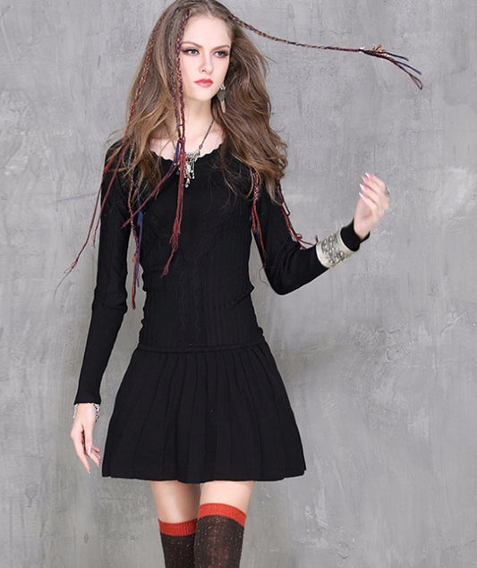 winter new round neck skirt Vintage long sleeve sweater dress