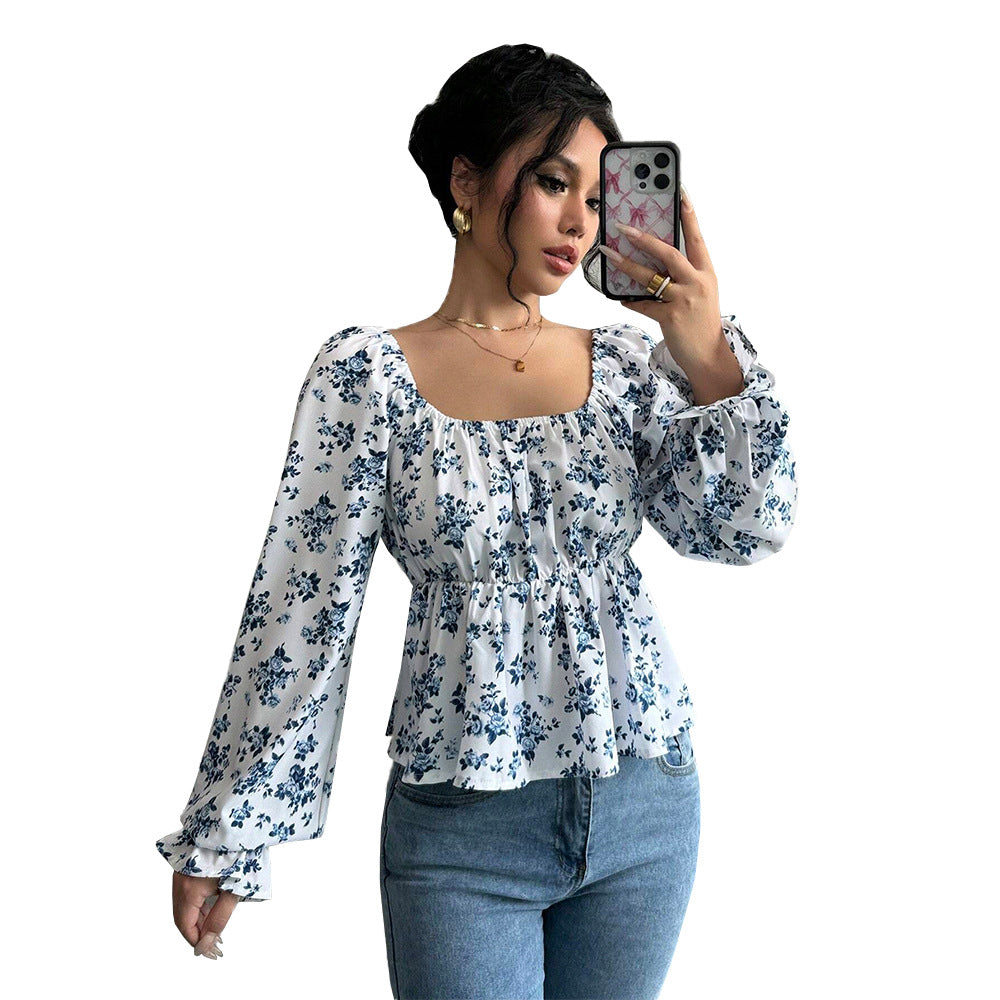 Autumn And Winter Square Neckline Puff Sleeve Popular Floral Long Sleeve Top