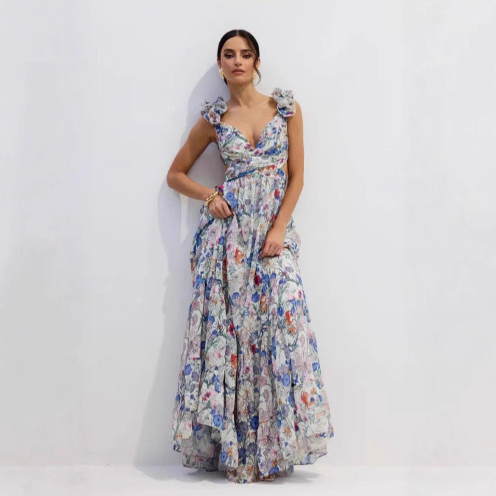 Printed Strapless Off-shoulder One-shoulder Tie-waist Ruffle Dress