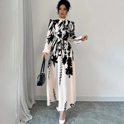 Women's Floral Print Long Sleeve Maxi Dress - Stand Collar A-Line Dress With Waist Detail, Lantern Sleeves & Ruffle Hem For Spring&Fall