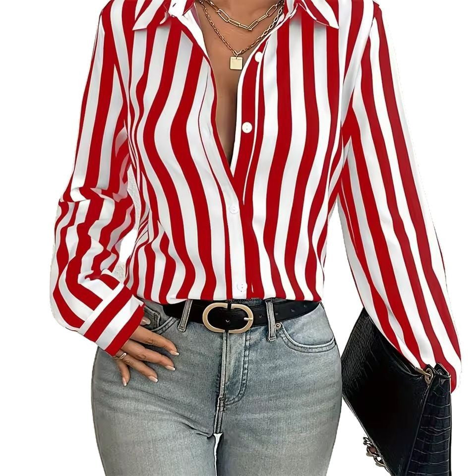 Womens Fashion Striped 3D-Printed Long-Sleeve Shirt