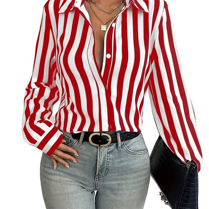 Womens Fashion Striped 3D-Printed Long-Sleeve Shirt