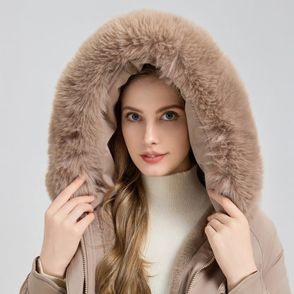 Winter Fur-Lined Hooded Parka Coat Mid-Length Down