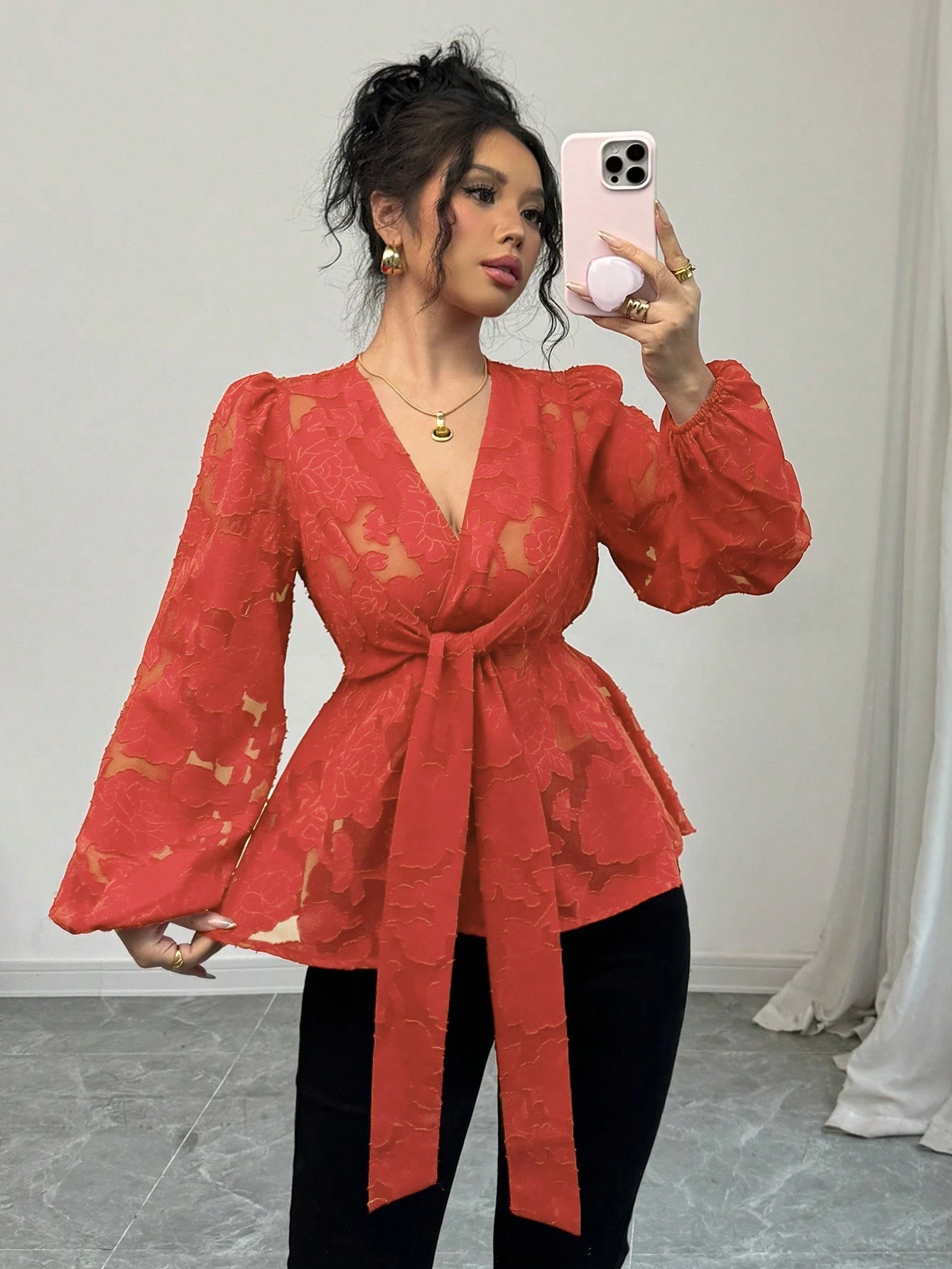 Fashionable Sexy Semi-transparent Long-sleeved V-neck Women's Shirt