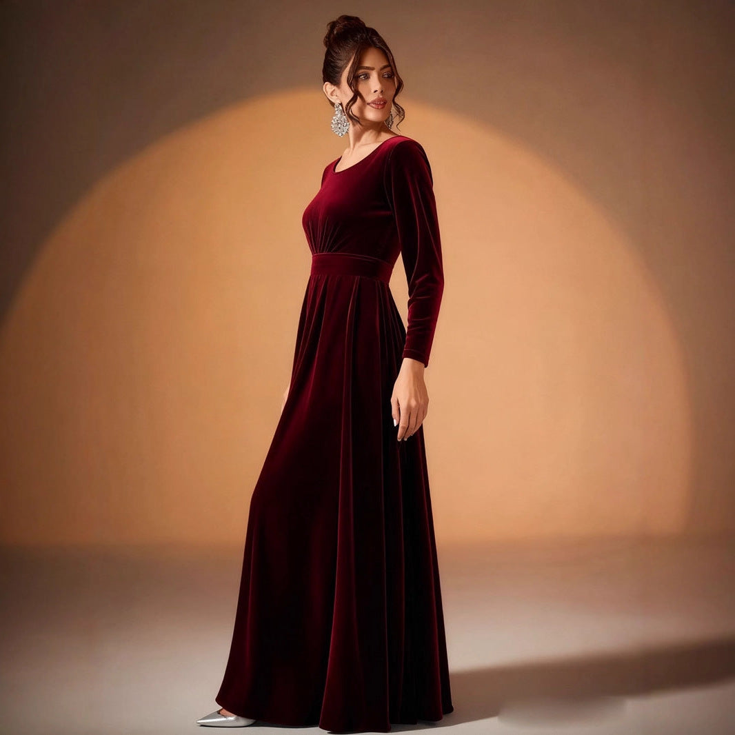 Plus Size Velvet Long Sleeve Dress With Pleats