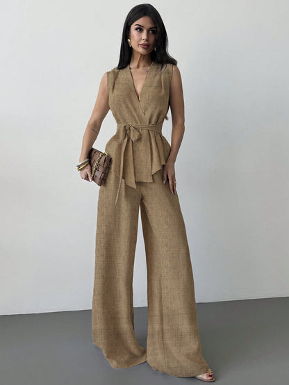 Lace-up V-neck Vest Top And Pants Two-piece Set