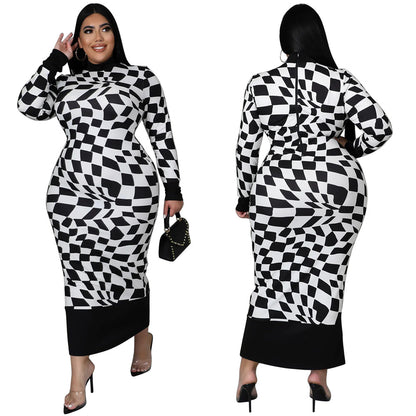 Women's Crew-Neck Plaid Printed Long-Sleeve Elegant Dress